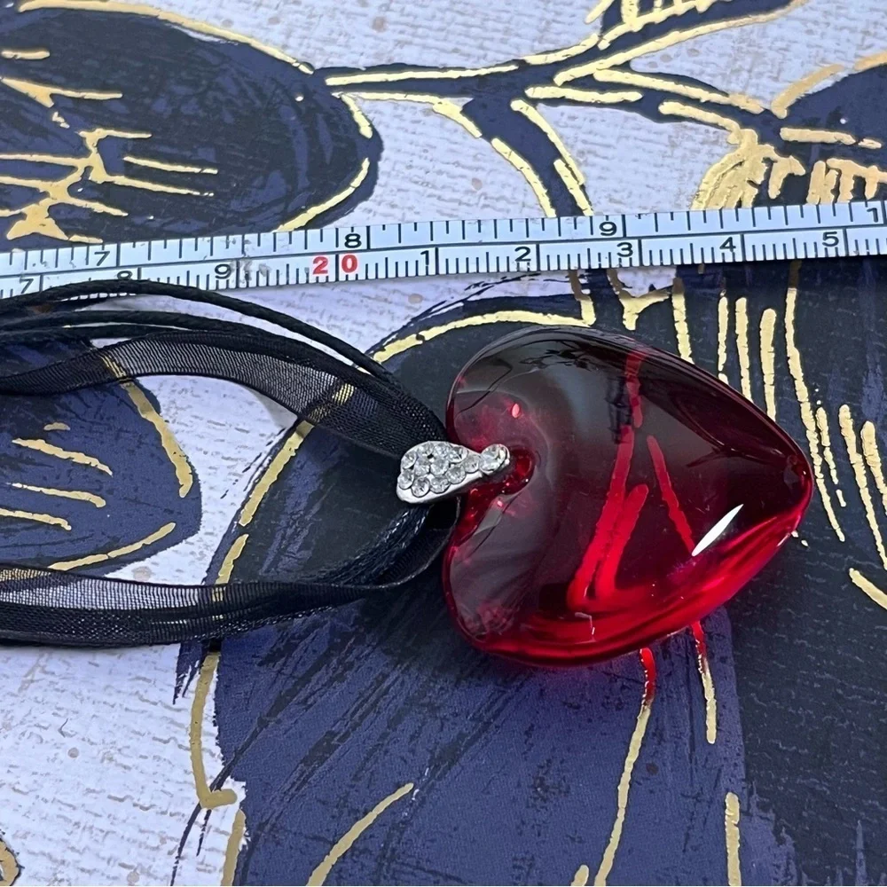 Vintage 1990s red glass heart CZ black Gothic sheer ribbon with silver necklace